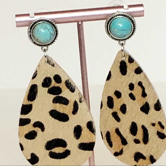 Genuine leather and turquoise leopard earrings - Picture 4 of 6